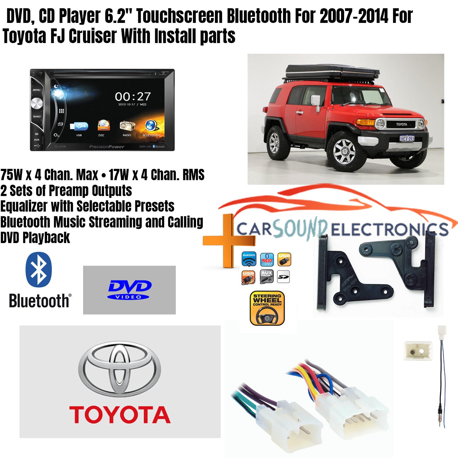 DVD, CD Player 6.2" Touchscreen Bluetooth For 2007-2014 Toyota FJ Cruiser With Install parts